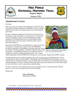 Nez Perce National Historic Trail Progress Report Summer 2013 Administrator’s Corner Greetings,