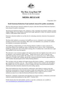 Draft Emissions Reduction Fund methods released for public consultation - Media release 5 September 2014