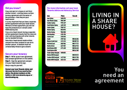 Did you know? If you rent part of a house or unit from another tenant – and they have a written tenancy agreement with the owner of the premises – then they are your head-tenant.