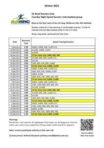 Winter 2015 SA Road Runners Club Tuesday Night Speed Session: Intermediate group Meet at the Start mark of the Uni loop, McKinnon Pde, Nth Adelaide Sessions consist of: 2.2 km warm up, 5 run-throughs on grass, ~4-5 km of