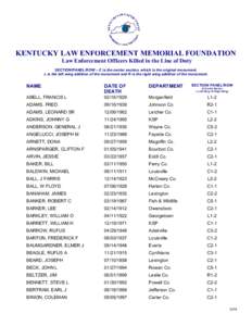 0  KENTUCKY LAW ENFORCEMENT MEMORIAL FOUNDATION Law Enforcement Officers Killed in the Line of Duty SECTION/PANEL/ROW – C is the center section, which is the original monument. L is the left wing addition of the monume