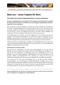 CVP Stadt Sursee, Susanne Stöckli, Parteipräsidentin, Telefon,   Beat Leu – unser Captain für Bern CVP Stadt Sursee portiert Stadtpräsident Beat Leu für den Nationalrat Der Surseer S