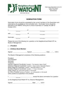 Neighbourhood Watch Northern Territory (Inc) PO Box[removed]Casuarina Northern Territory 0811 www.nhwnt.org.au ABN[removed]