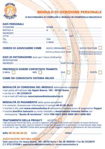 ASSOCIAZIONE SISTEMA HELIOS Sede operativa Via Appia Nuova, Roma • Tel • FaxC.F •  • www.sistemahelios.it 