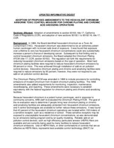 UPDATED INFORMATIVE DIGEST ADOPTION OF PROPOSED AMENDMENTS TO THE HEXAVALENT CHROMIUM AIRBORNE TOXIC CONTROL MEASURE FOR CHROME PLATING AND CHROMIC ACID ANODIZING OPERATIONS  Sections Affected: Adoption of amendments to 