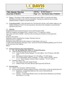 Cole B Small Animal Colony/Animal Science  Title: Disaster Planning SOP No.: