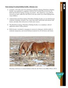 Rock Springs Wyoming Holding Facility / Humane Care • Currently, 410 of the total 710 wild horses at the Rock Springs Wild Horse Holding Facility were gathered in compliance with the 2013 Consent Decree between the BLM