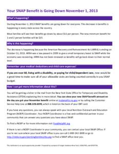 Your SNAP Benefit is Going Down November 1, 2013 What’s happening? Starting November 1, 2013 SNAP benefits are going down for everyone. This decrease in benefits is happening in every state across the country. Most fam