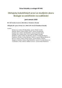 Ústav botaniky a zoologie PřF MU  Obhajoby bakalářských prací ve studijním oboru Biologie se zaměřením na vzdělávání jarní semestr 2018 BC SZZ komise Lososová, Rotreklová, Schenková, Hrouda