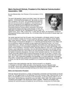 Marie Hochmuth Nichols, President of the National Communication Association, 1969 By Jane Blankenship, from Review of Communication, 4(1/2),