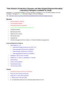Tufts Division of Infectious Diseases and New England Regional Biosafety Laboratory Pathogens Available for Study Pathogens in red are NIAID Category A Priority Pathogens. Pathogens in blue are NIAID Category B Priority 