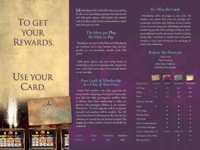 It’s All in the Cards  Membership in the Castle Club is fast, easy and free. It’s also a very rewarding experience for both the slot and table games player, with benefits that include cash back (slots only), hotel ac