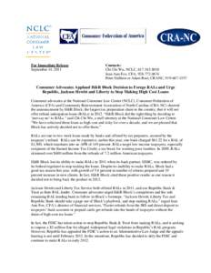 For Immediate Release September 14, 2011 Contacts: Chi Chi Wu, NCLC, [removed]Jean Ann Fox, CFA, [removed]