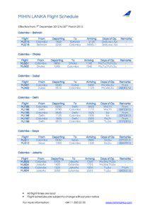 MIHIN LANKA Flight Schedule Effective from 7th December 2012 to 30th March 2013 Colombo – Bahrain