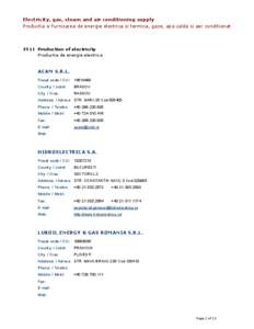 Electricity, gas, steam and air conditioning supply Productia si furnizarea de energie electrica si termica, gaze, apa calda si aer conditionat 3511 Production of electricity Productia de energie electrica