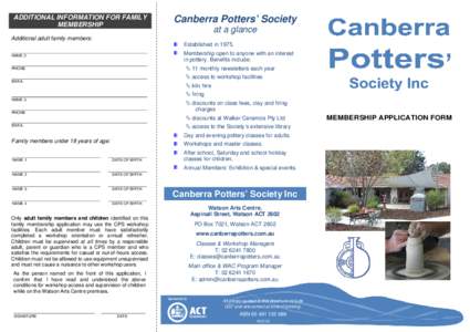 ADDITIONAL INFORMATION FOR FAMILY MEMBERSHIP Canberra Potters’ Society at a glance