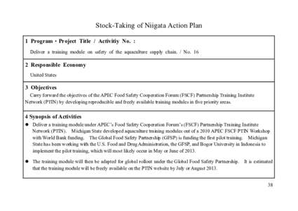 Stock-Taking of Niigata Action Plan 1 Program・Project Title / Activitiy No. : Deliver a training module on safety of the aquaculture supply chain. / No[removed]Responsible Economy United States