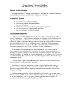 Solano County Veterans’ Buildings[removed]Solano County Grand Jury Report Reason for Investigation Under the authority of California Penal Code §925, the[removed]Grand Jury elected to determine the current status 