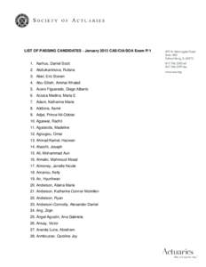 LIST OF PASSING CANDIDATES - January 2013 CAS/CIA/SOA Exam P[removed]Aarhus, Daniel Scott 2. Abdulkarimova, Rufana 3. Abel, Eric Steven 4. Abu-Sitteh, Ammar Khaled