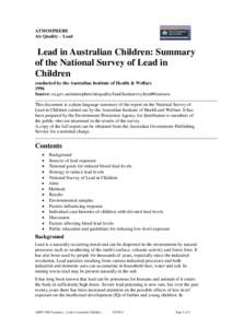 ATMOSPHERE Air Quality – Lead Lead in Australian Children: Summary of the National Survey of Lead in Children