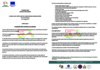 Sono ben accolti contributi su questioni quali: Litigious Love: Same-sex Couples and Mediation in the European Union  º l’utilizzo della “litigation strategy”;