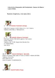 Lista de las integrantes del Movimiento Damas de Blanco Laura Pollán. Nuevos Ingresos, 2 de Junio[removed]