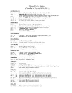 DanceWorks Studio Calendar of Events[removed]SEPTEMBER 2014 Sept 2 & 3 Sept 6 Sept 8