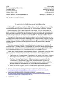 Chair Environmental Audit Committee 14 Tothill Street House of Commons London SW1H 9NB