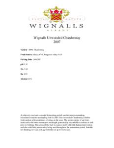 Wignalls Unwooded Chardonnay 2007 Variety 100% Chardonnay Fruit Source Albany 87%, Ferguson valley %13 Picking DatepH 3.35