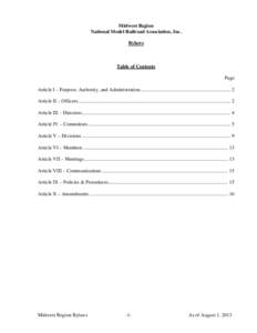 Midwest Region National Model Railroad Association, Inc. Bylaws Table of Contents Page