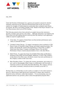 July, 2014  Under the Freedom of Information Act, agencies are required to proactively disclose frequently requested records. Often the National Endowment for the Arts receives requests for examples of funded proposals, 