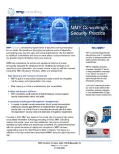 MMY Consulting’s Security Practice MMY Consulting achieves the highest levels of assurance and business value for our clients. We identify and thoroughly test potential points of attack after enumerating every live hos