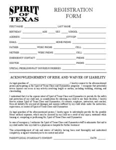 REGISTRATION FORM FIRST NAME: _____________________________ LAST NAME: ______________________________ BIRTHDAY: _________________ AGE: ______ SEX: ______ SCHOOL: ________________________ ADDRESS: ________________________