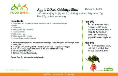 Apple & Red Cabbage Slaw  Serves 8 | $[removed]calories | 8g fat (1g sat fat) | 150mg sodium | 18g carbs | 3g fiber | 2g protein per serving