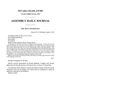 NEVADA LEGISLATURE Seventy-Eighth Session, 2015 ASSEMBLY DAILY JOURNAL THE SIXTY-FOURTH DAY CARSON CITY (Monday) April 6, 2015