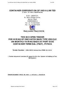 Two Bid Open Tender for Hiring of One Hatch Back Type Vehicle at PPBR  Oct, 2015 CONTAINER CORPORATION OF INDIA LIMITED (A GOVT. OF INDIA UNDERTAKING)