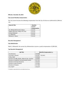 Effective December 28, 2014 City Council Monthly Compensation The City Council receives the following compensation from the City of Vernon as authorized by California Law. Name & Title