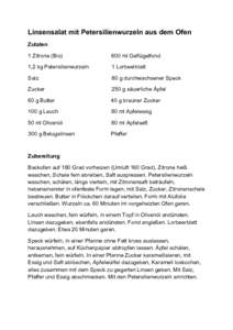 Linsensalat mit Petersilienwurzeln aus dem Ofen Zutaten 1 Zitrone (Bio) 600 ml Geflügelfond