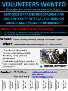 VOLUNTEERS WANTED Non-vegetarian, active males between 18 to 38 years METHODS OF CARNOSINE LOADING AND HIGH-INTENSITY INTERVAL TRAINING ON MUSCLE AND CYCLING PERFORMANCE