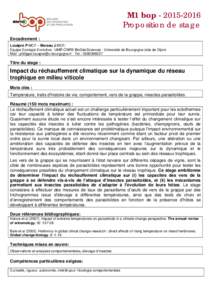 M1 bopProposition de stage Encadrement : Louâpre P MCF – Moreau J MCF; Equipe Ecologie Evolutive - UMR CNRS BioGéoSciences - Université de Bourgogne (site de Dijon) Mail : philippe.louapre@u-bourgogne.f