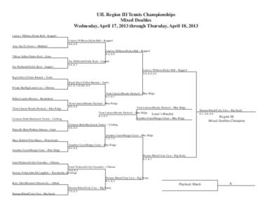 UIL Region III Tennis Championships Mixed Doubles Wednesday, April 17, 2013 through Thursday, April 18, 2013 Lindsey Williams/Dylan Hall – Kopperl Amy Anz/Ty Graves – Hubbard Tiffany Sellers/Parker Reid – Ector