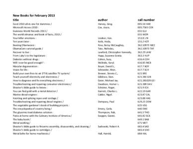 New Books for February 2013 title Excel 2010 all-in-one for dummies / Microsoft Access 2010 : Guinness World Records[removed]The world almanac and book of facts, 2013 /