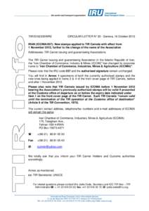 TIR/G102235/MRE  CIRCULAR LETTER N° 20 - Geneva, 16 October 2012 IRAN (ICCIMA/057): New stamps applied to TIR Carnets with effect from 1 November 2012, further to the change of the name of the Association