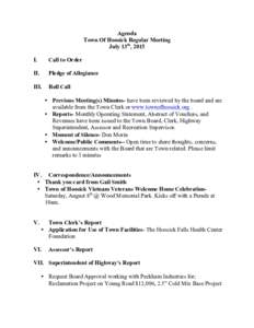 Agenda Town Of Hoosick Regular Meeting July 13th, 2015 I.  Call to Order