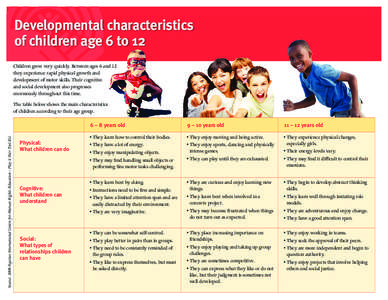 Developmental characteristics of children age 6 to 12 Children grow very quickly. Between ages 6 and 12 they experience rapid physical growth and development of motor skills. Their cognitive and social development also p