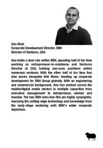 Anu Shah
 Corporate Development Director, BBH
 Director of Ventures, ZAG Anu holds a dual role within BBH, spending half of his time working  as entrepreneur-in-residence and Ventures