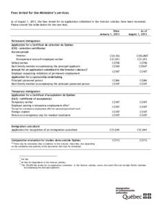 Fees levied for the Ministère’s services As of August 1, 2013, the fees levied for an application submitted in the Investor subclass have been increased. Please consult the table below for the new fees. Since January 