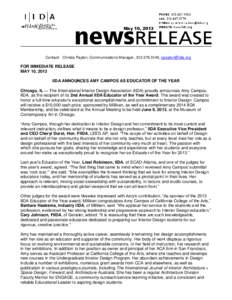 May 10, 2013  Contact: Christa Payton, Communications Manager, [removed], [removed] FOR IMMEDIATE RELEASE MAY 10, 2013