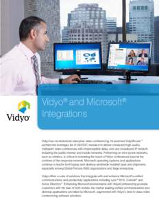Vidyo® and Microsoft® Integrations Vidyo has revolutionized enterprise video conferencing. Its patented VidyoRouter™ architecture leverages the H.264 SVC standard to deliver consistent high quality, multipoint video 