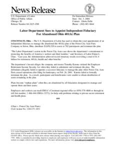 News Release U.S. Department of Labor Office of Public Affairs Chicago, Ill. Release Number[removed]CHI